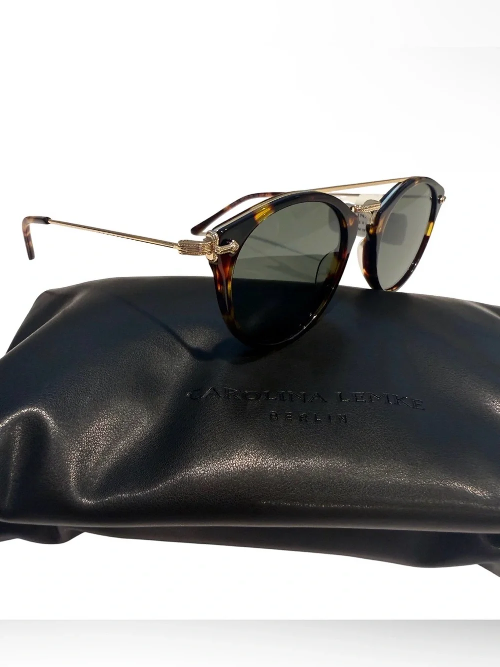 NEW Carolina Lemke Pax Demi Tortoiseshell Gold Accent Aviator Sunglasses CL9039